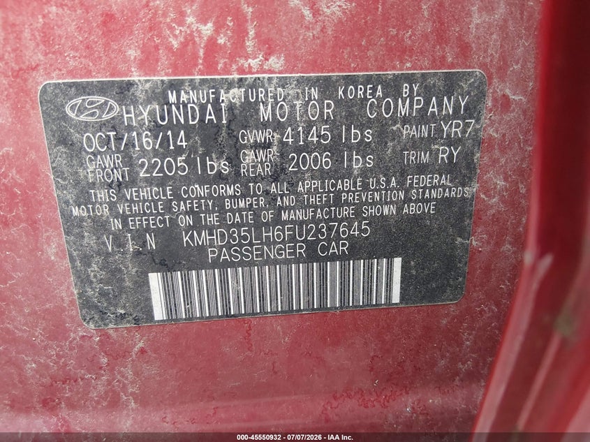 2015 Hyundai Elantra VIN KMHD35LH6FU237645 IAAI salvage auction — NORMAL WEAR, Original (Kentucky), sold $25 on 2026-07-29 (photo 9)