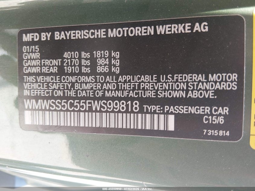 2015 Mini Paceman VIN WMWSS5C55FWS99818 IAAI salvage auction — NORMAL WEAR, Clear (Illinois), sold $275 on 2026-07-21 (photo 9)