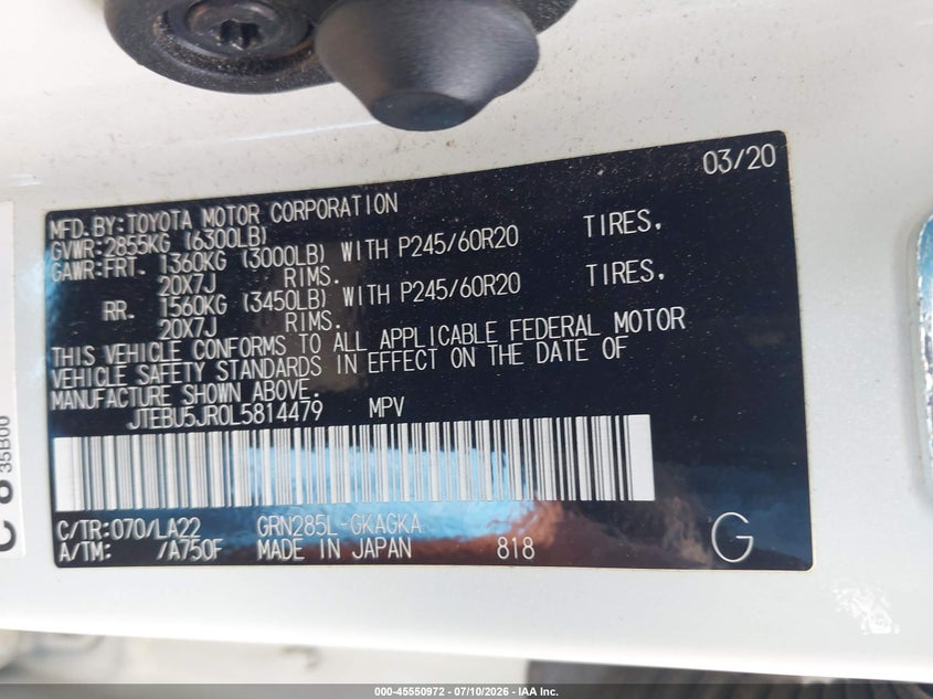 2020 Toyota 4runner VIN JTEBU5JR0L5814479 IAAI salvage auction — REAR END, Salvage Title, sold $21,100 on 2026-08-05 (photo 9)
