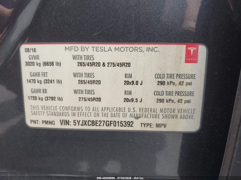 2016 Tesla Model x VIN 5YJXCBE27GF015392 IAAI salvage auction — SIDE, Salvage Title, sold $3,950 on 2026-07-23 (photo 9)