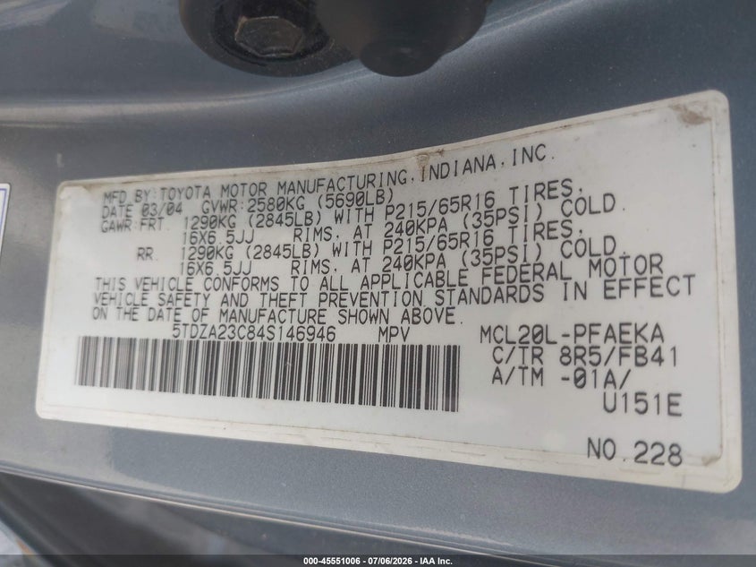 2004 Toyota Sienna VIN 5TDZA23C84S146946 IAAI salvage auction — NORMAL WEAR, Clear (Virginia), sold $525 on 2026-07-14 (photo 9)