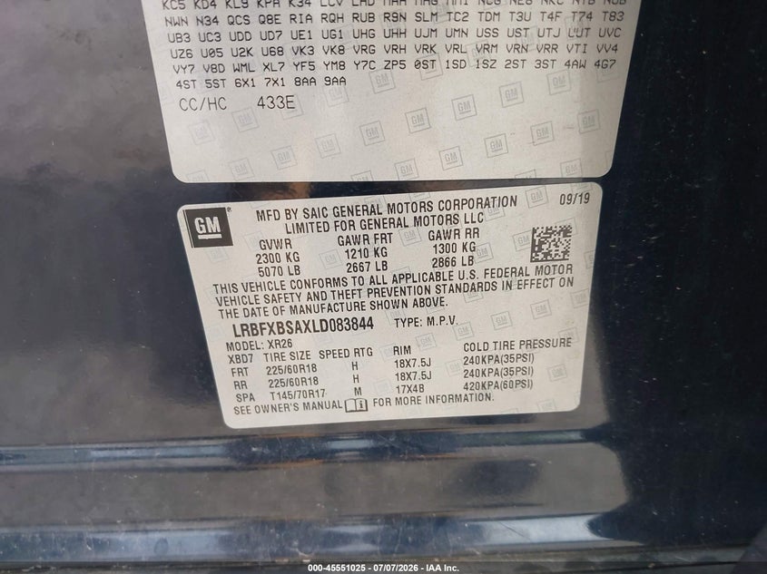 2020 Buick Envision VIN LRBFXBSAXLD083844 IAAI salvage auction — HAIL, Salvage (Ohio), sold $2,550 on 2026-07-28 (photo 9)