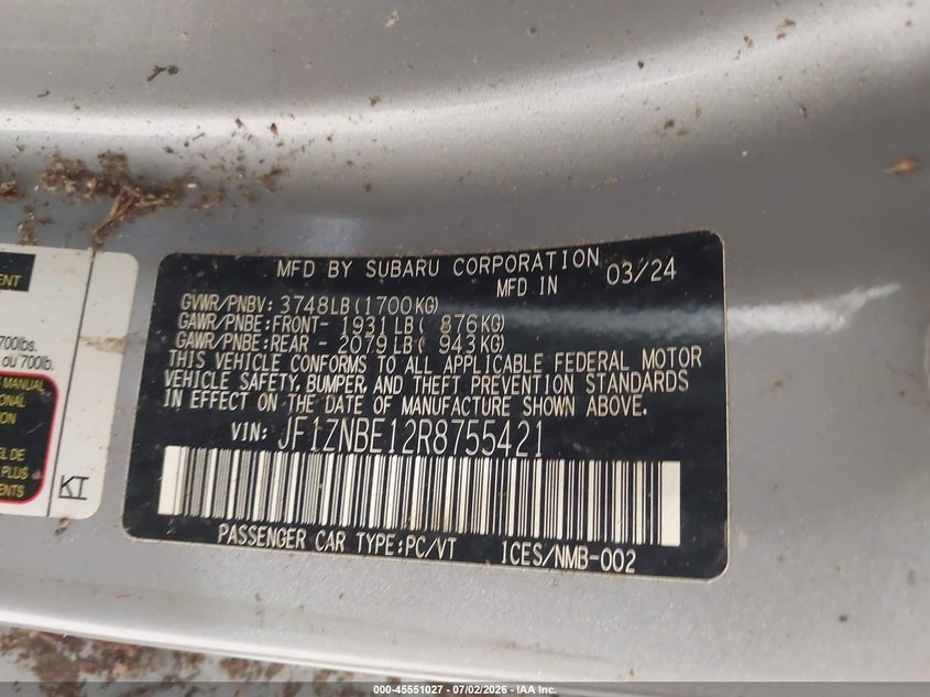 2024 Toyota Gr 86 VIN JF1ZNBE12R8755421 IAAI salvage auction — NORMAL WEAR, Clear (North Carolina), sold $5,450 on 2026-07-30 (photo 9)