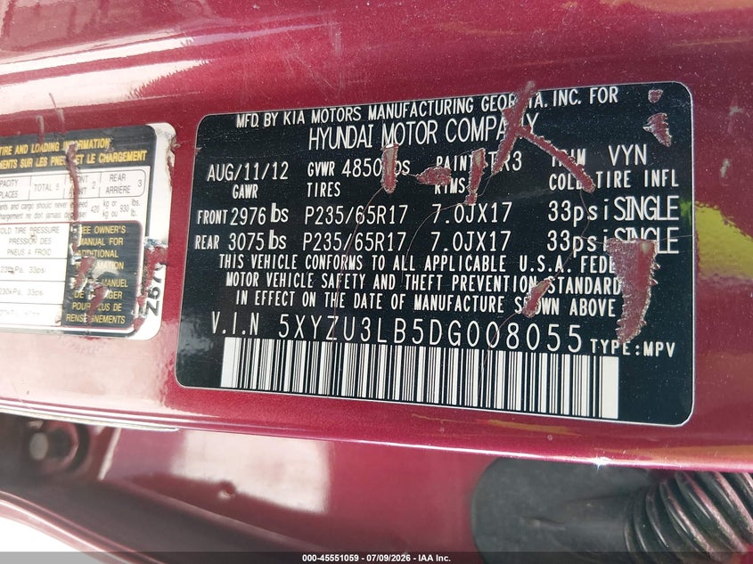 2013 Hyundai Santa fe VIN 5XYZU3LB5DG008055 IAAI salvage auction — SIDE, Salvage (Florida), sold $925 on 2026-07-26 (photo 9)