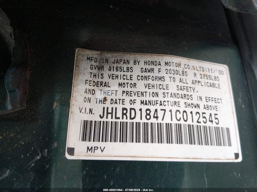 2001 Honda Cr-v VIN JHLRD18471C012545 IAAI salvage auction — MECHANICAL, Clear (Georgia), sold $500 on 2026-07-30 (photo 9)