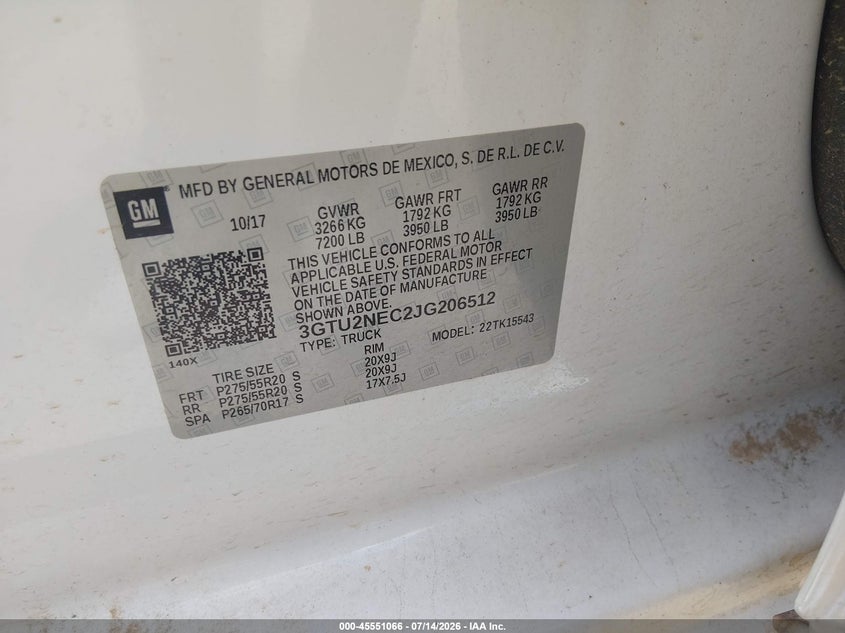 2018 Gmc Sierra 1500 VIN 3GTU2NEC2JG206512 IAAI salvage auction — ALL OVER, Original (Texas), sold $7,450 on 2026-07-27 (photo 9)