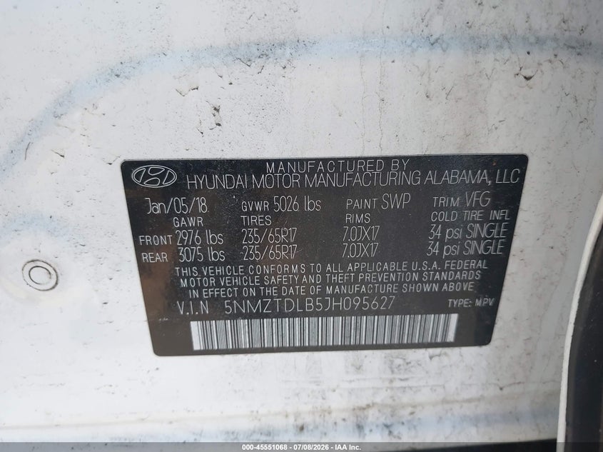 2018 Hyundai Santa fe VIN 5NMZTDLB5JH095627 IAAI salvage auction — FRONT END, Salvage (Ohio), sold $1,950 on 2026-07-29 (photo 9)