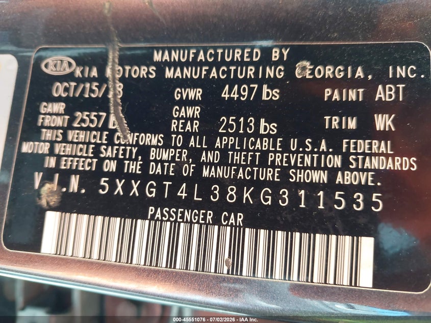 2019 Kia Optima VIN 5XXGT4L38KG311535 IAAI salvage auction — REAR END, Salvage Title, sold $1,500 on 2026-07-21 (photo 9)