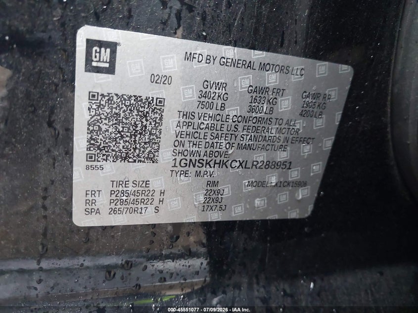 2020 Chevrolet Suburban VIN 1GNSKHKCXLR288951 IAAI salvage auction — FRONT END, Salvage (Pennsylvania), sold $5,600 on 2026-07-19 (photo 9)