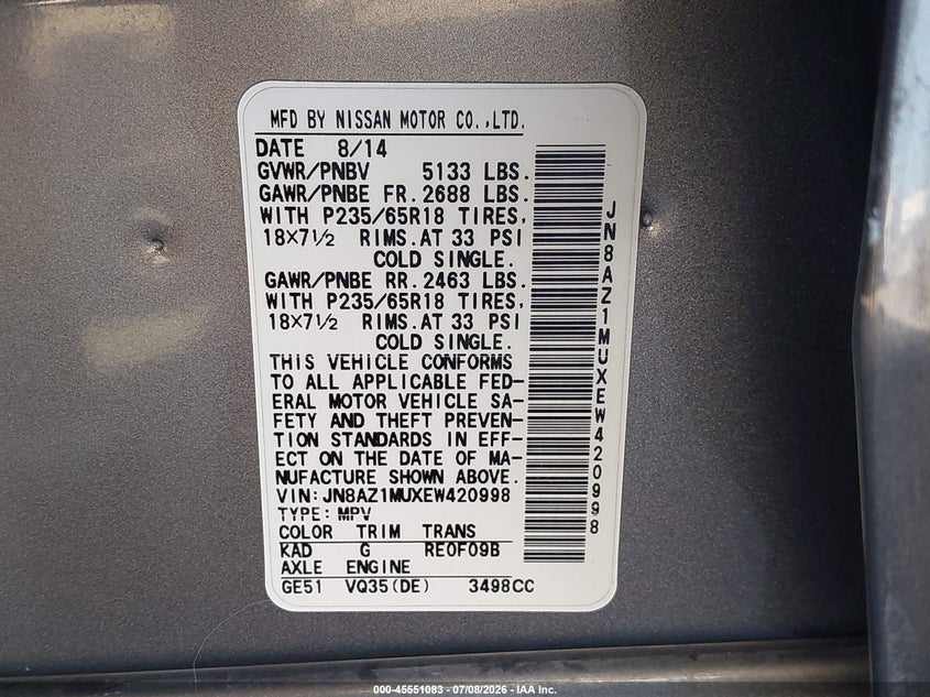 2014 Nissan Murano VIN JN8AZ1MUXEW420998 IAAI salvage auction — FRONT END, Rebuildable (Florida), sold $25 on 2026-07-20 (photo 9)