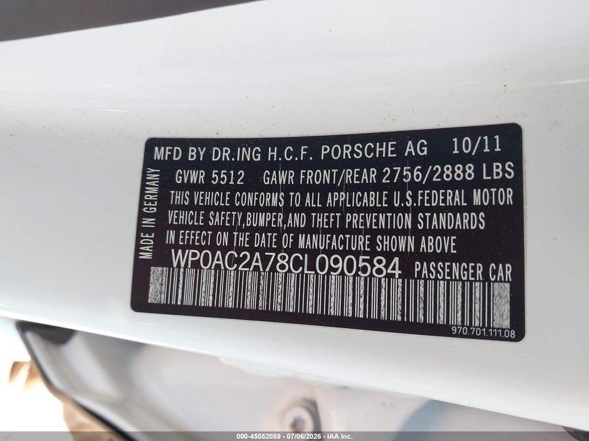 2012 Porsche Panamera VIN WP0AC2A78CL090584 IAAI salvage auction — REAR END, Salvage (Alabama), sold $25 on 2026-07-29 (photo 9)