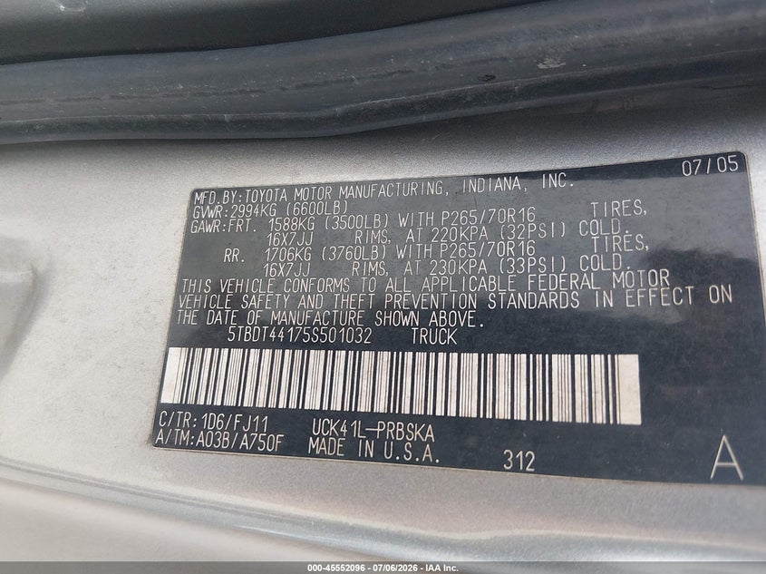2005 Toyota Tundra VIN 5TBDT44175S501032 IAAI salvage auction — LEFT SIDE, Clear (Georgia), sold $4,600 on 2026-07-16 (photo 9)