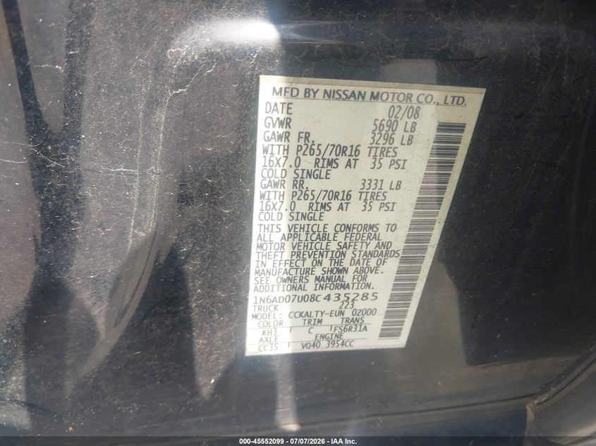2008 Nissan Frontier VIN 1N6AD07U08C435285 IAAI salvage auction — FRONT END, Salvage (Georgia), sold $1,650 on 2026-07-23 (photo 9)
