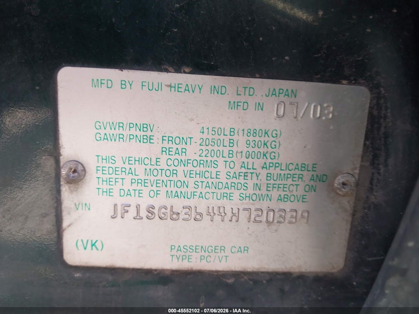 2004 Subaru Forester VIN JF1SG63644H720339 IAAI salvage auction — THEFT, Bill Of Sale (Washington), sold $25 on 2026-07-29 (photo 9)