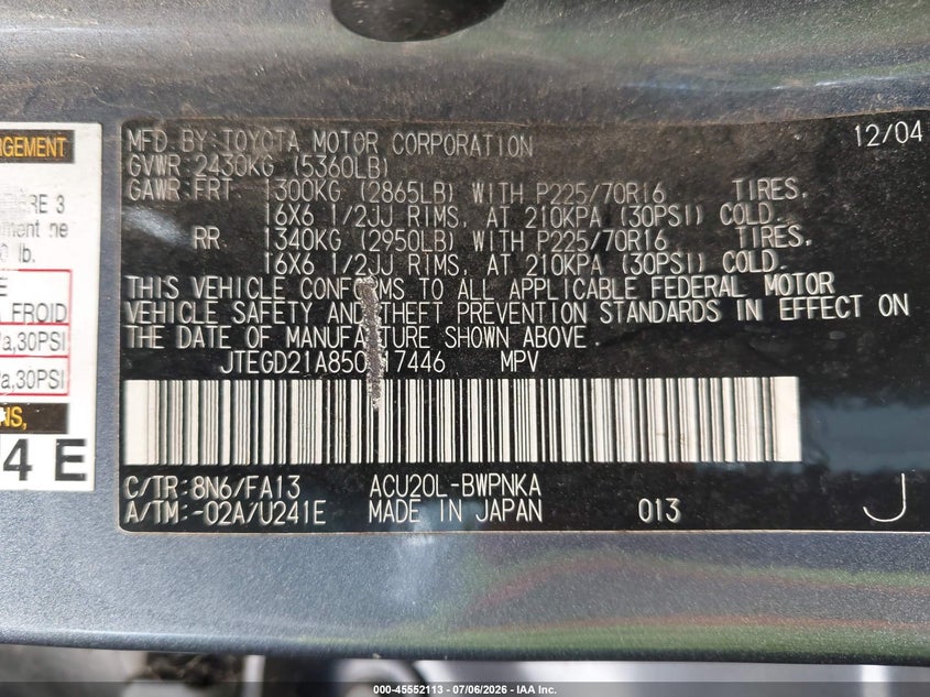 2005 Toyota Highlander VIN JTEGD21A850117446 IAAI salvage auction — NORMAL WEAR, Original (Texas), sold $500 on 2026-07-20 (photo 9)