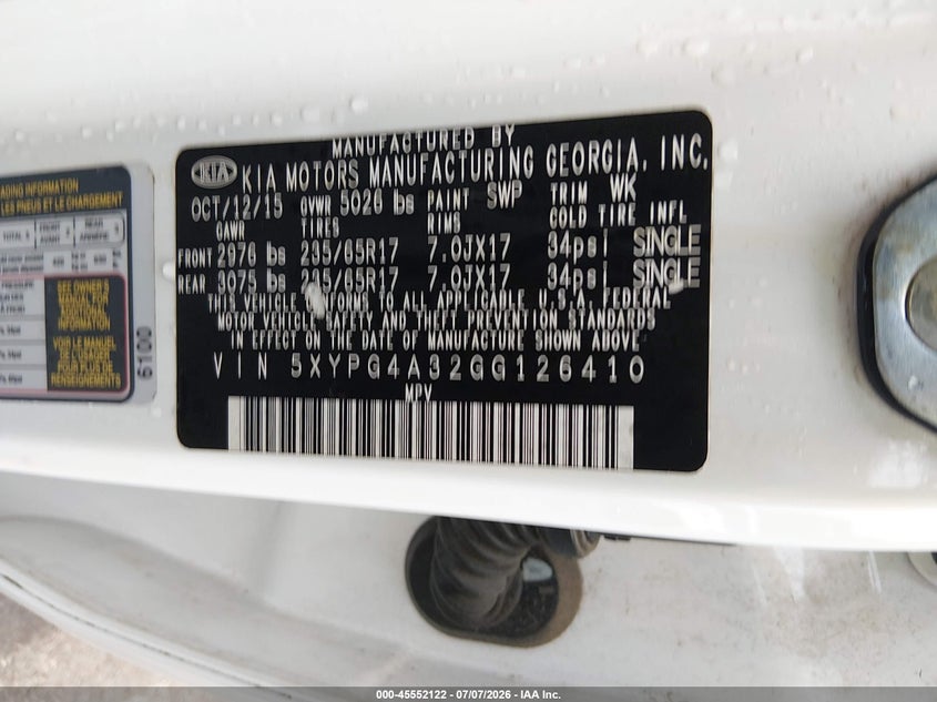 2016 Kia Sorento VIN 5XYPG4A32GG126410 IAAI salvage auction — NORMAL WEAR, Clear (New Jersey), sold $1,750 on 2026-07-20 (photo 9)