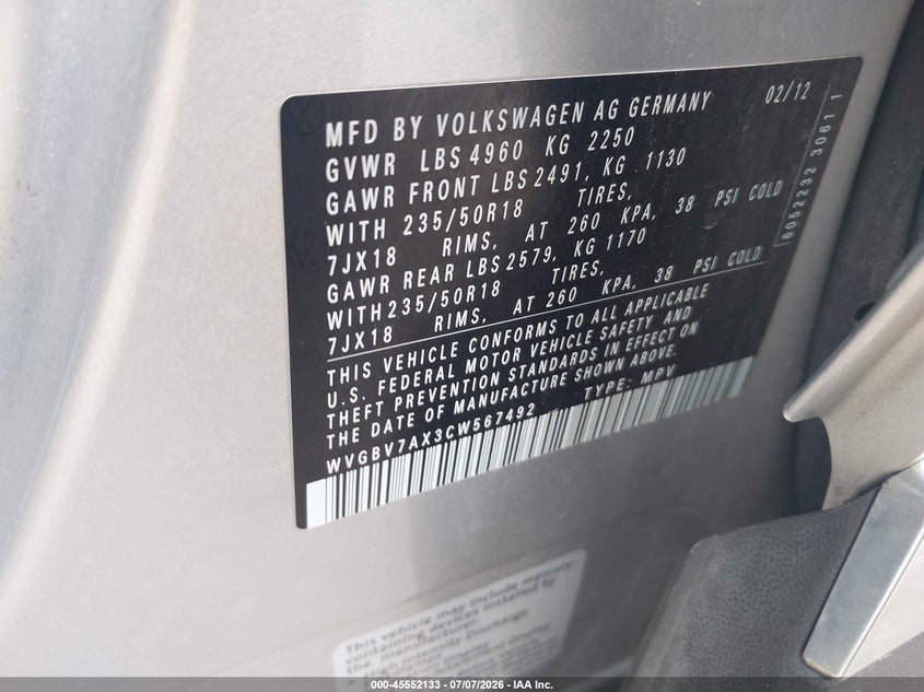 2012 Volkswagen Tiguan VIN WVGBV7AX3CW567492 IAAI salvage auction — RIGHT SIDE, Salvage Title, sold $1,125 on 2026-08-11 (photo 9)