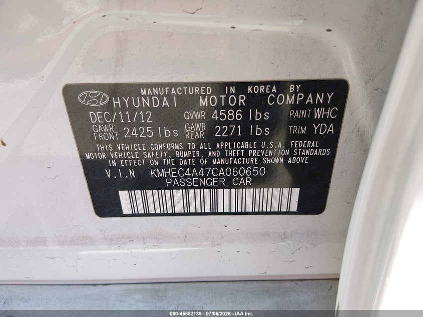 2012 Hyundai Sonata VIN KMHEC4A47CA060650 IAAI salvage auction — NORMAL WEAR, Clear - Dealer Only (California), sold $400 on 2026-07-30 (photo 9)