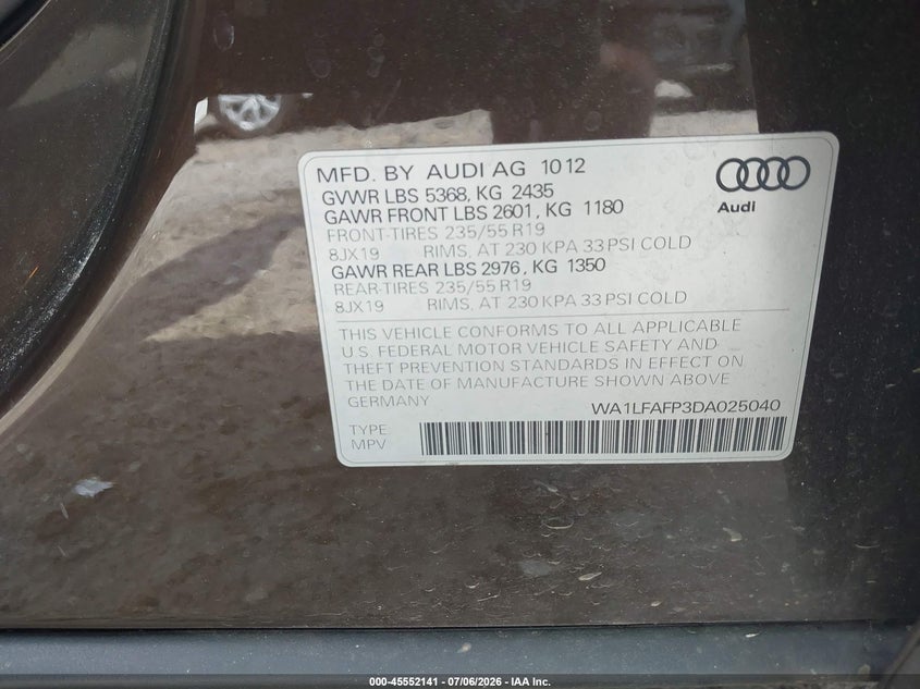 2013 Audi Q5 VIN WA1LFAFP3DA025040 IAAI salvage auction — LEFT FRONT, Wait Title, sold $1,000 on 2026-09-20 (photo 9)