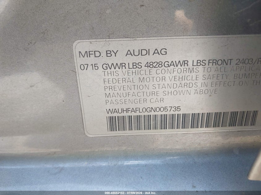 2016 Audi A4 VIN WAUHFAFL0GN005735 IAAI salvage auction — FRONT & REAR, Salvage Title, sold $900 on 2026-09-07 (photo 9)