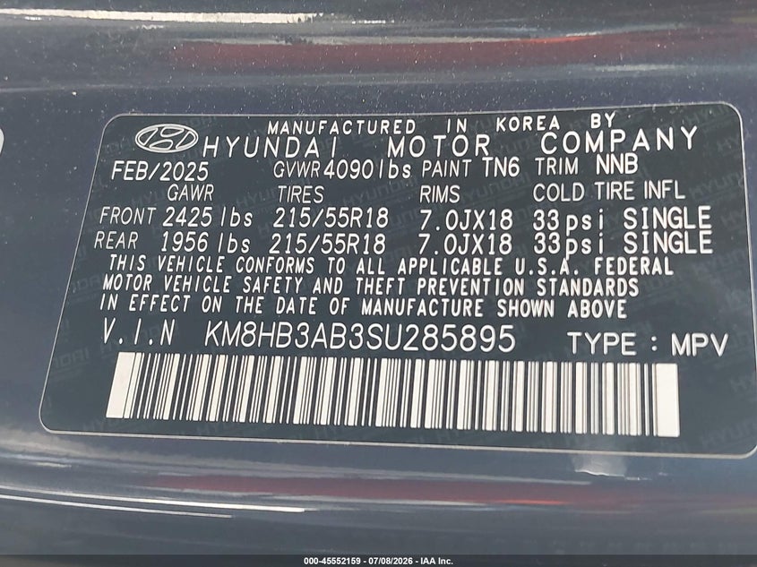 2025 Hyundai Kona VIN KM8HB3AB3SU285895 IAAI salvage auction — FRONT END, Enterprise Vehicles Clear Only (Georgia), sold $11,550 on 2026-07-16 (photo 9)