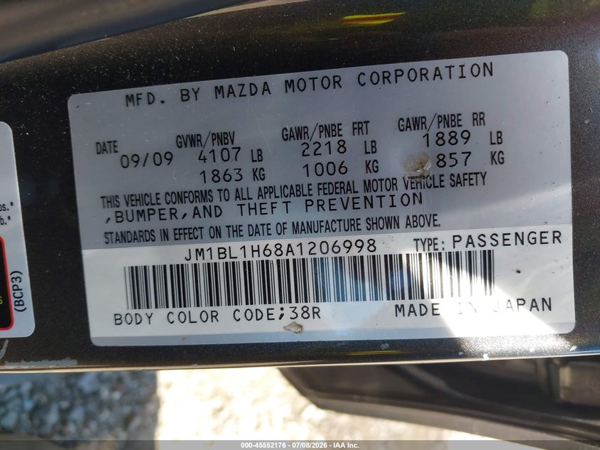2010 Mazda 3 VIN JM1BL1H68A1206998 IAAI salvage auction — FRONT END, Salvage (Idaho), sold $25 on 2026-07-23 (photo 9)
