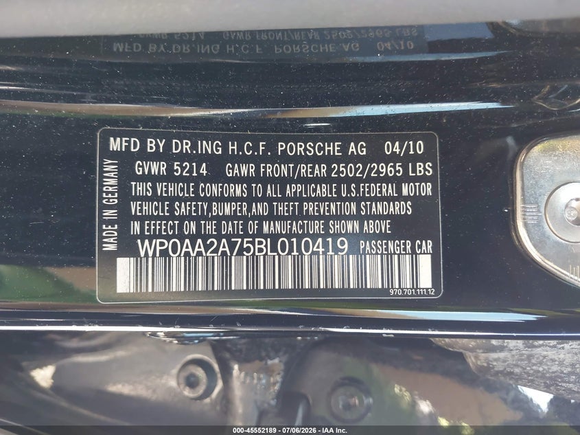 2011 Porsche Panamera VIN WP0AA2A75BL010419 IAAI salvage auction — FRONT END, Salvage (Texas), sold $2,475 on 2026-07-22 (photo 9)