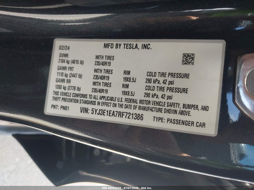 2024 Tesla Model 3 VIN 5YJ3E1EA7RF721386 IAAI salvage auction — REAR END, Salvage (California), sold $10,800 on 2026-07-31 (photo 9)