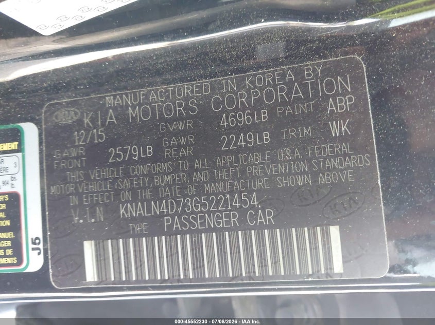 2016 Kia Cadenza VIN KNALN4D73G5221454 IAAI salvage auction — NORMAL WEAR, Clear (Florida), sold $900 on 2026-07-20 (photo 9)
