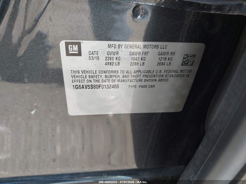 2015 Cadillac Cts VIN 1G6AV5S80F0132466 IAAI salvage auction — FRONT END, Salvage Certificate (California), sold $1,200 on 2026-07-31 (photo 9)