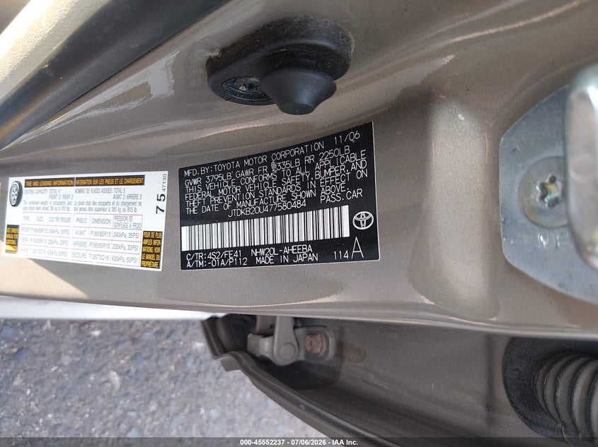 2007 Toyota Prius VIN JTDKB20U477580484 IAAI salvage auction — NORMAL WEAR, Clear (Colorado), sold $1,150 on 2026-07-14 (photo 9)