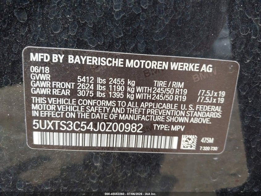 2018 BMW X3 VIN 5UXTS3C54J0Z00982 IAAI salvage auction — ELECTRICAL, Salvage Title, sold $12,100 on 2026-07-25 (photo 9)