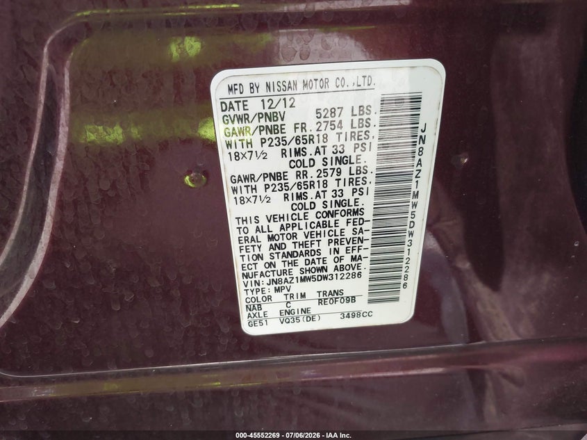 2013 Nissan Murano VIN JN8AZ1MW5DW312286 IAAI salvage auction — LEFT FRONT, Salvage Title, sold $425 on 2026-07-30 (photo 9)