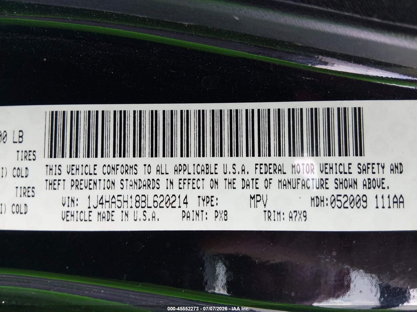 2011 Jeep Wrangler / VIN 1J4HA5H18BL620214 IAAI salvage auction — REAR END, Clear (South Carolina), sold $4,050 on 2026-07-31 (photo 9)