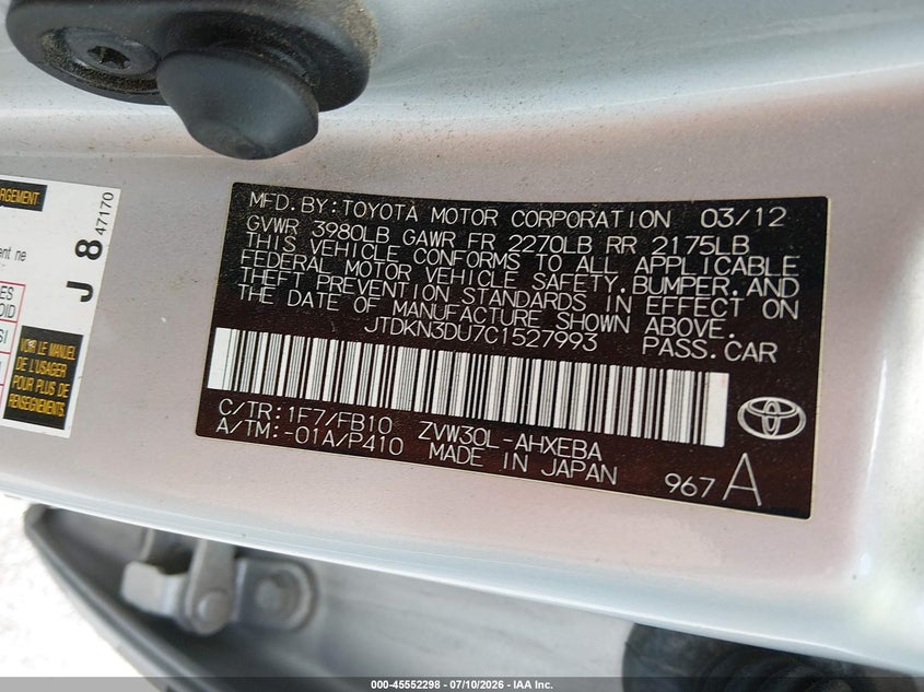 2012 Toyota Prius VIN JTDKN3DU7C1527993 IAAI salvage auction — LEFT REAR, Salvage (Indiana), sold $325 on 2026-07-30 (photo 9)