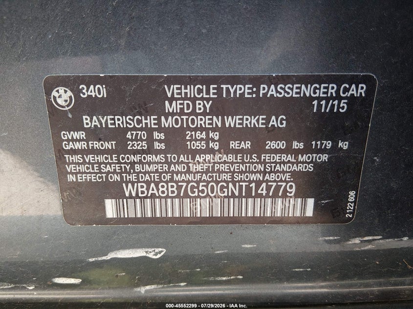 2016 BMW 3er VIN WBA8B7G50GNT14779 IAAI salvage auction — SIDE, Salvage (Idaho), sold $7,300 on 2026-08-17 (photo 9)