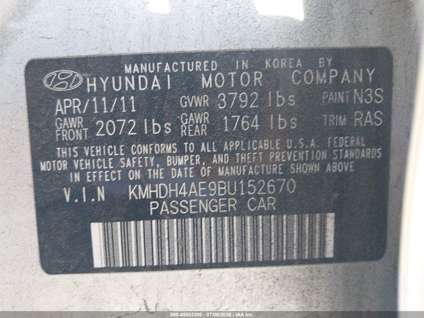 2011 Hyundai Elantra VIN KMHDH4AE9BU152670 IAAI salvage auction — THEFT, Salvage (California), sold $375 on 2026-07-29 (photo 9)