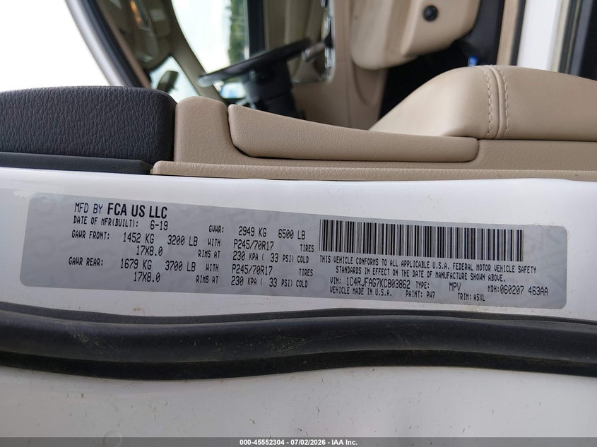 2019 Jeep Grand cherokee VIN 1C4RJFAG7KC803862 IAAI salvage auction — NORMAL WEAR, Sf97 (Oregon), sold $7,750 on 2026-07-29 (photo 9)