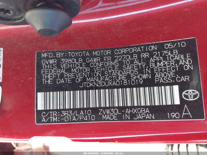 2010 Toyota Prius VIN JTDKN3DUXA0181019 IAAI salvage auction — NORMAL WEAR, Clear (Washington), sold $550 on 2026-07-22 (photo 9)