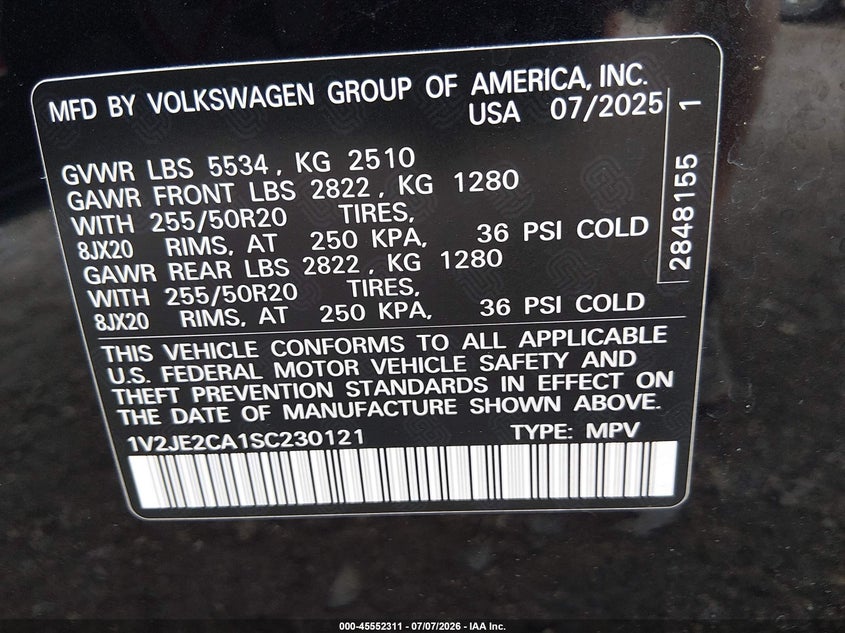 2025 Volkswagen Atlas cross sport VIN 1V2JE2CA1SC230121 IAAI salvage auction — LEFT FRONT, Clear (Florida), sold $13,400 on 2026-07-16 (photo 9)