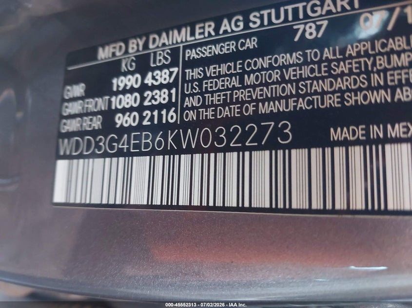 2019 Mercedes-benz A-klasse VIN WDD3G4EB6KW032273 IAAI salvage auction — LEFT FRONT, Salvage Title, sold $4,950 on 2026-07-28 (photo 9)