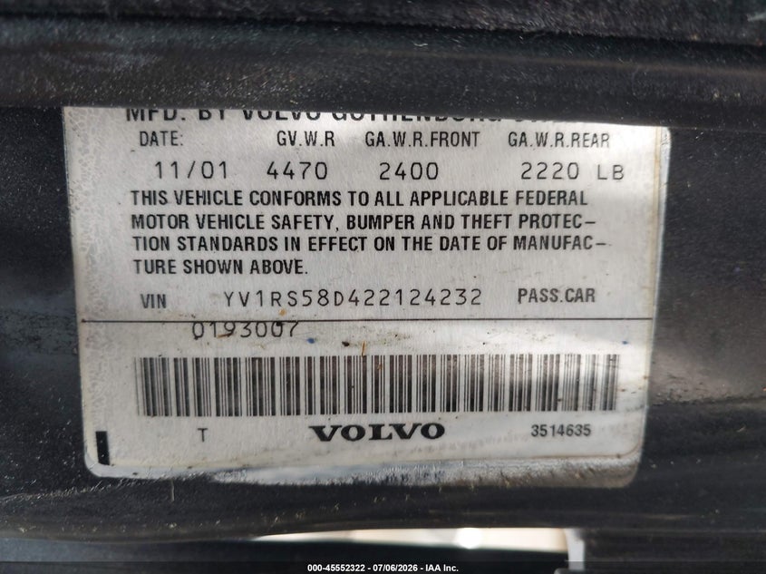 2002 Volvo S60 VIN YV1RS58D422124232 IAAI salvage auction — FRONT END, Salvage - 75% Or Less (Maryland), sold $25 on 2026-07-28 (photo 9)