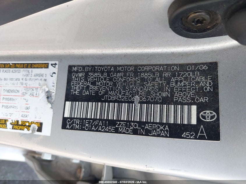 2006 Toyota Corolla VIN JTDBR32E060067070 IAAI salvage auction — NORMAL WEAR, Clear (Pennsylvania), sold $925 on 2026-07-28 (photo 9)