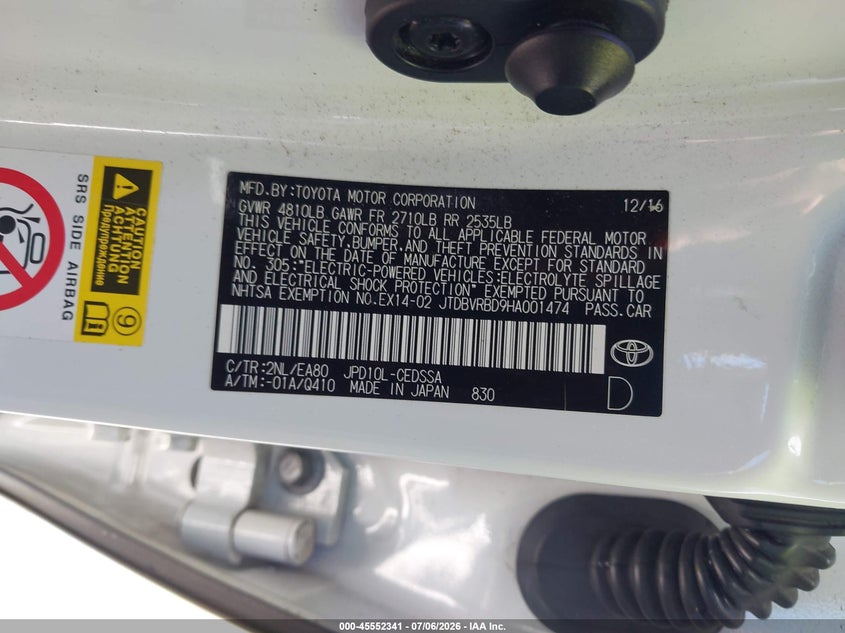 2017 Toyota Mirai VIN JTDBVRBD9HA001474 IAAI salvage auction — LEFT FRONT, Clear (Arizona), sold $350 on 2026-07-15 (photo 9)