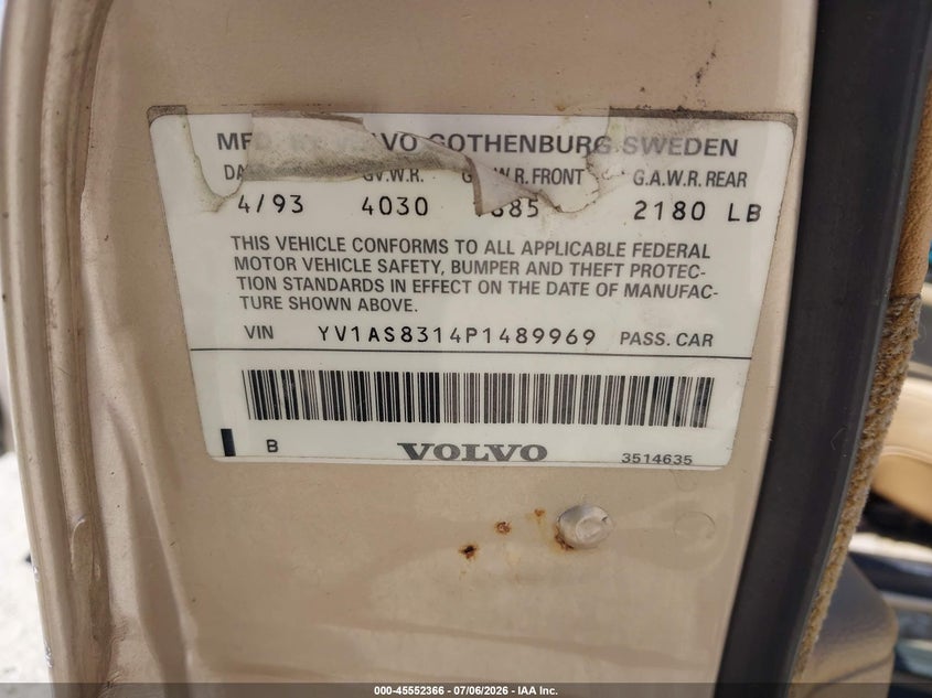 1993 Volvo 240 VIN YV1AS8314P1489969 IAAI salvage auction — NORMAL WEAR, Clear - Dealer Only (California), sold $300 on 2026-07-16 (photo 9)