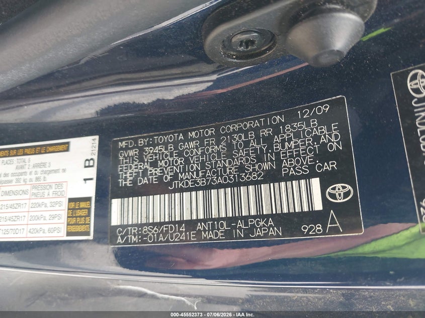 2010 Scion Tc VIN JTKDE3B73A0313682 IAAI salvage auction — FRONT END, Rebuildable (Florida), sold $325 on 2026-07-28 (photo 9)