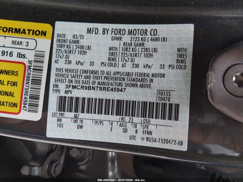 2025 Ford Bronco sport VIN 3FMCR9BN7SRE45947 IAAI salvage auction — LEFT FRONT, Clear (New York), sold $16,375 on 2026-07-31 (photo 9)