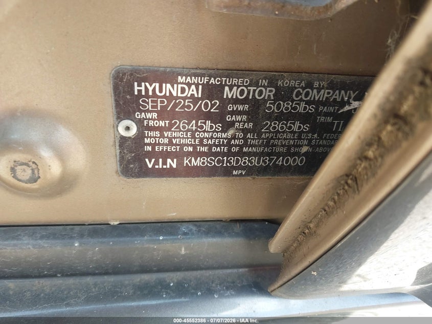2003 Hyundai Santa fe VIN KM8SC13D83U374000 IAAI salvage auction — NORMAL WEAR, Salvage (Kansas), sold $475 on 2026-07-15 (photo 9)
