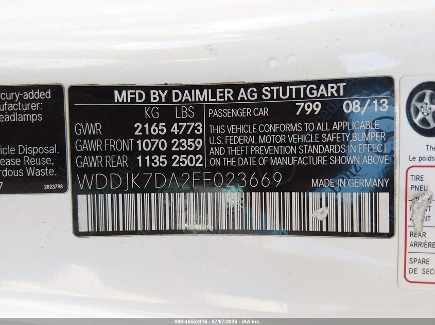 2014 Mercedes-benz VIN WDDJK7DA2EF023669 IAAI salvage auction — FRONT & REAR, Salvage (Mississippi), sold $8,800 on 2026-08-12 (photo 9)