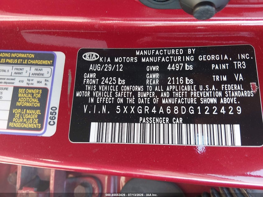 2013 Kia Optima VIN 5XXGR4A68DG122429 IAAI salvage auction — SIDE, Salvage Title, sold $450 on 2026-07-22 (photo 9)